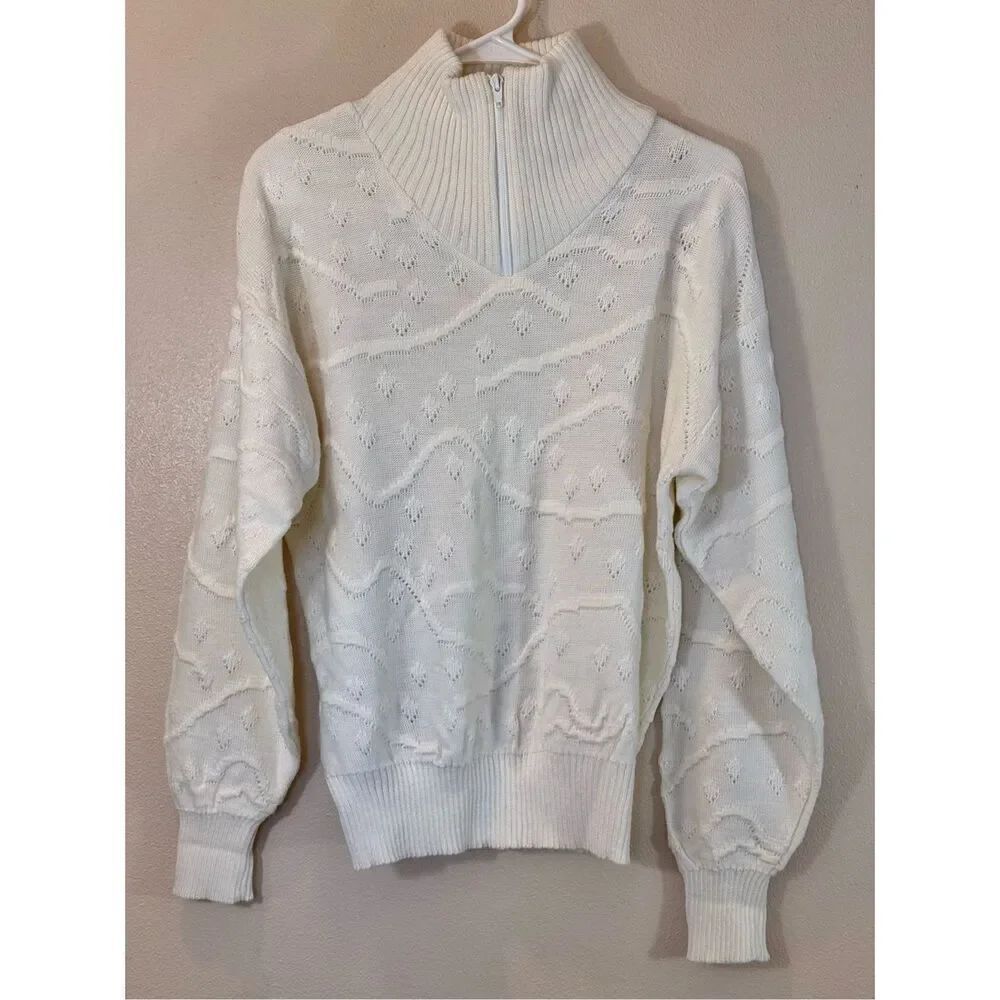 Vintage Nils 80's Cable Knit Wool Blend 1/4 Zip Up Off White Sweater Women's L
